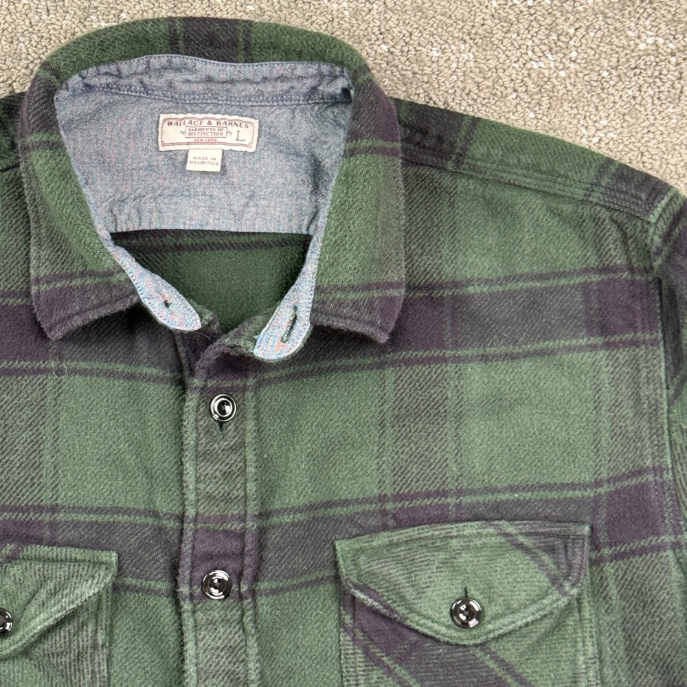 Wallace & Barnes Flannel Shirt Mens L Green Plaid K2560 Workwear Casual